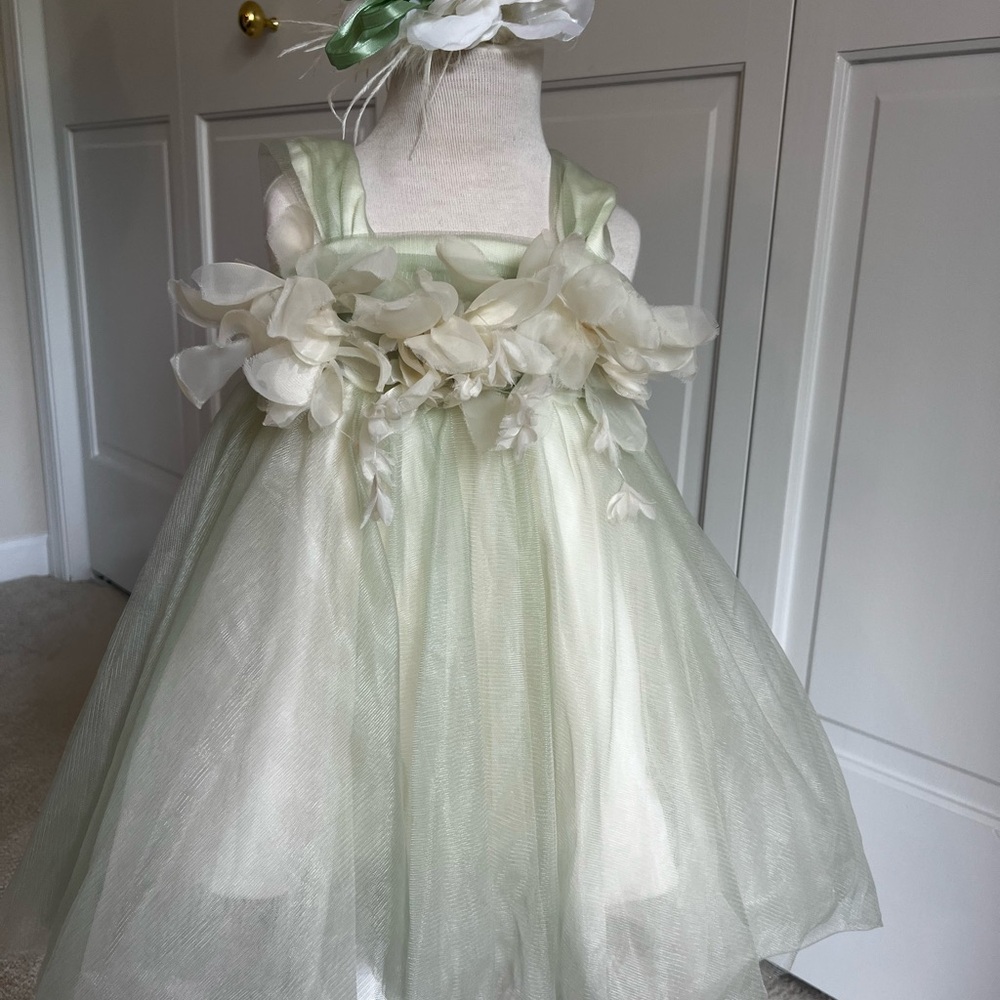 Toddler Sage/Ivory Dress with floral appliqué and custom Hair clip - 1-2T
